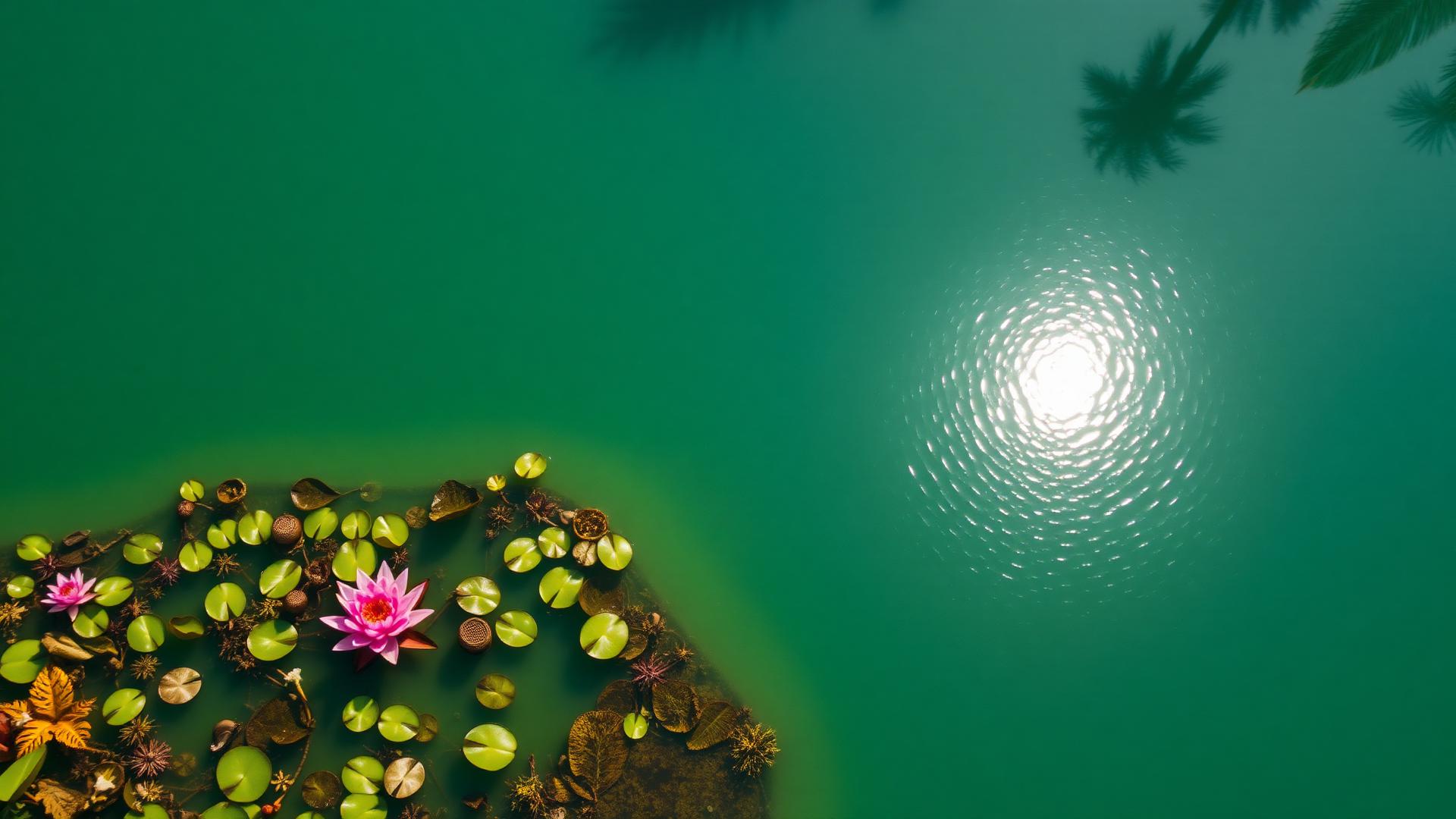 Aerial view of a South Florida lake fringed with lily pads and native aquatic plants